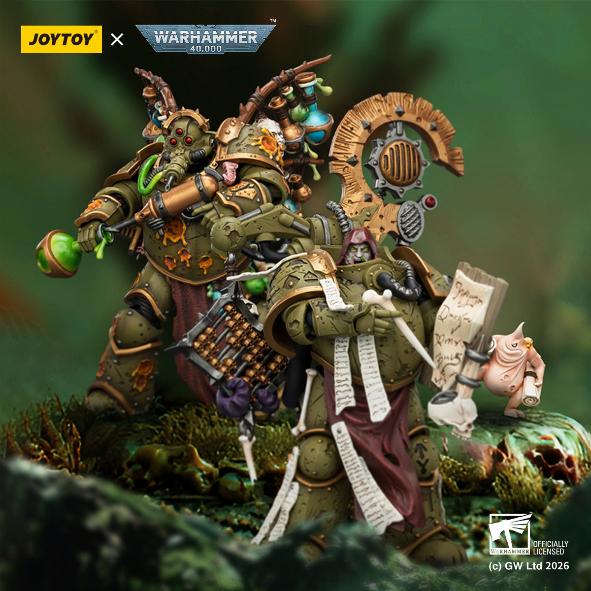 JOYTOY Warhammer 40K Death Guard Tallyman with Plasma Pistol & Biologus Putrifier with Injector Pistol and Hyper Blight Grenades 1/18 Scale Action Figure