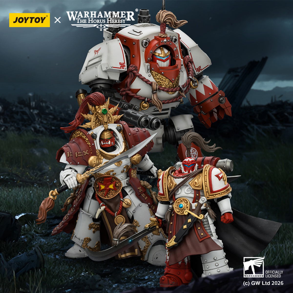 JOYTOY Warhammer 40,000 White Scars Contemptor Dreadnought & Hibou Khan Seeker of Atonement & Qin Xa - Master of the Keshig 1/18 Scale Action Figure