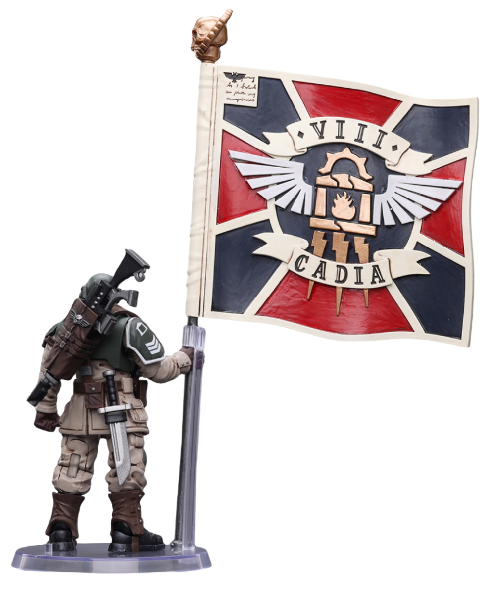 Figurine de collection JoyToy Warhammer 40K : Astra Militarum Cadian Command Squad, vétéran avec étendard régimentaire, échelle 1:18, figurines d'action JT7929