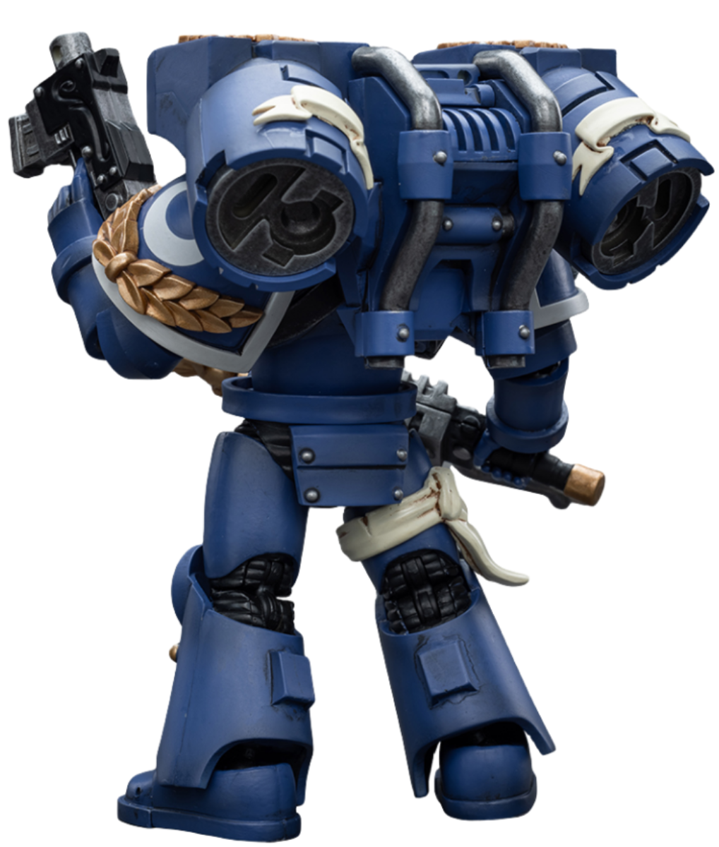 Figurine de collection JoyToy Warhammer 40K : Vétéran des Ultramarines Vanguard avec épée tronçonneuse et pistolet bolter, échelle 1:18 (épée tronçonneuse et pistolet bolter JT8025)
