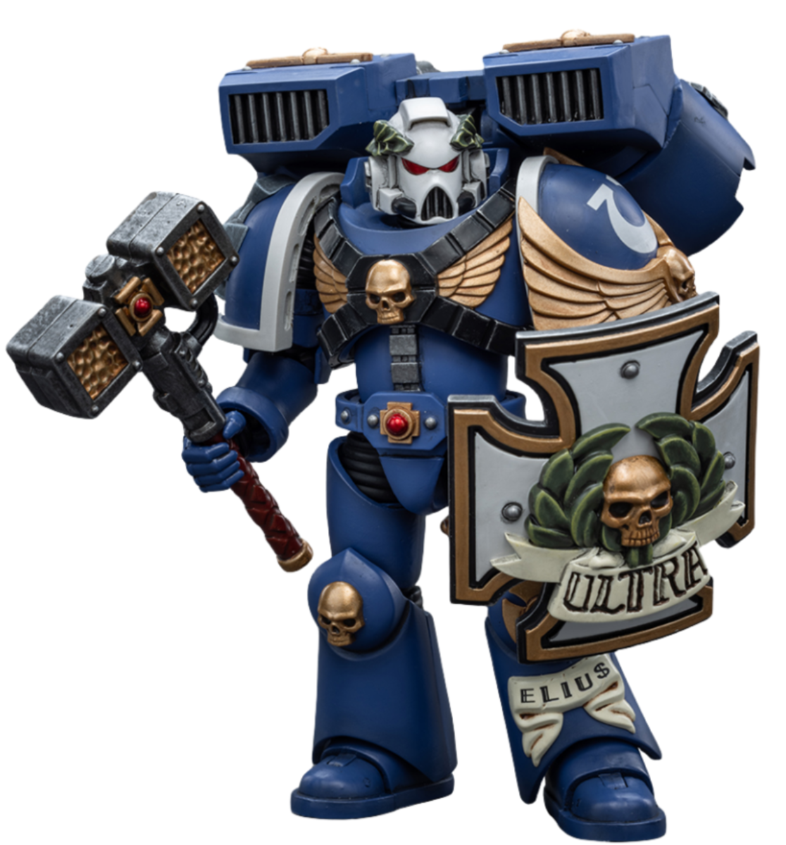 Figurine de collection JoyToy Warhammer 40K : Vétéran de l'Avant-garde Ultramarine avec marteau-tonnerre et bouclier anti-tempête, échelle 1:18 (Thunder Hammer et Storm Shield JT8032)