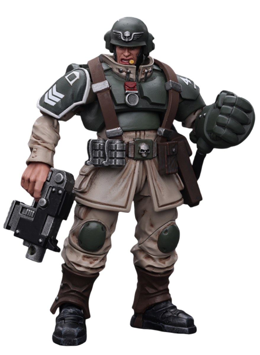 JoyToy Warhammer 40K Figurine de collection : Astra Militarum Cadian Command Squad Sergent vétéran avec Power Fist Figurines d'action à l'échelle 1/18 JT7936
