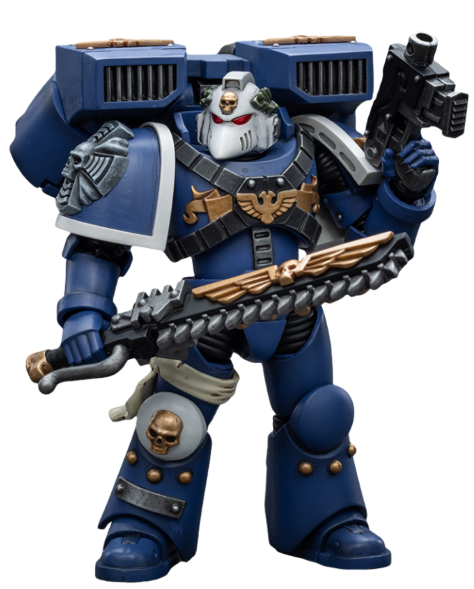 Figurine de collection JoyToy Warhammer 40K : Vétéran des Ultramarines Vanguard avec épée tronçonneuse et pistolet bolter, échelle 1:18 (épée tronçonneuse et pistolet bolter JT8025)