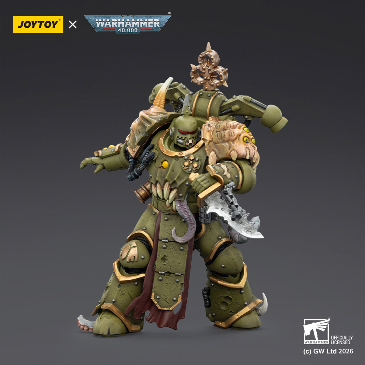 JOYTOY Warhammer 40,000 Death Guard Plague Marine with Bubotic axe and Plague Knife & Champion with Plasma Pistol and Power Fist 1/18 Scale Action Figure