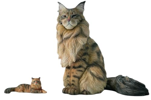JXK Collectible Cat Figure: Mini Maine Coon, Expertly Hand-Painted, Lifelike, Safe Resin, Miniature Animal Figurine