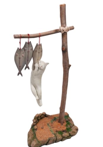 JXK Collectible Cat Figure: Cats That eat Fish 2.0, Expertly Hand-Painted, Lifelike, Safe Resin, 1:6 Scale Miniature Animal Figurine