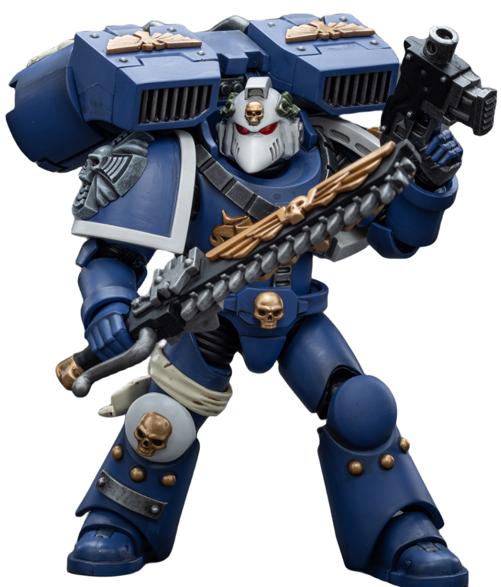 Figurine de collection JoyToy Warhammer 40K : Vétéran des Ultramarines Vanguard avec épée tronçonneuse et pistolet bolter, échelle 1:18 (épée tronçonneuse et pistolet bolter JT8025)
