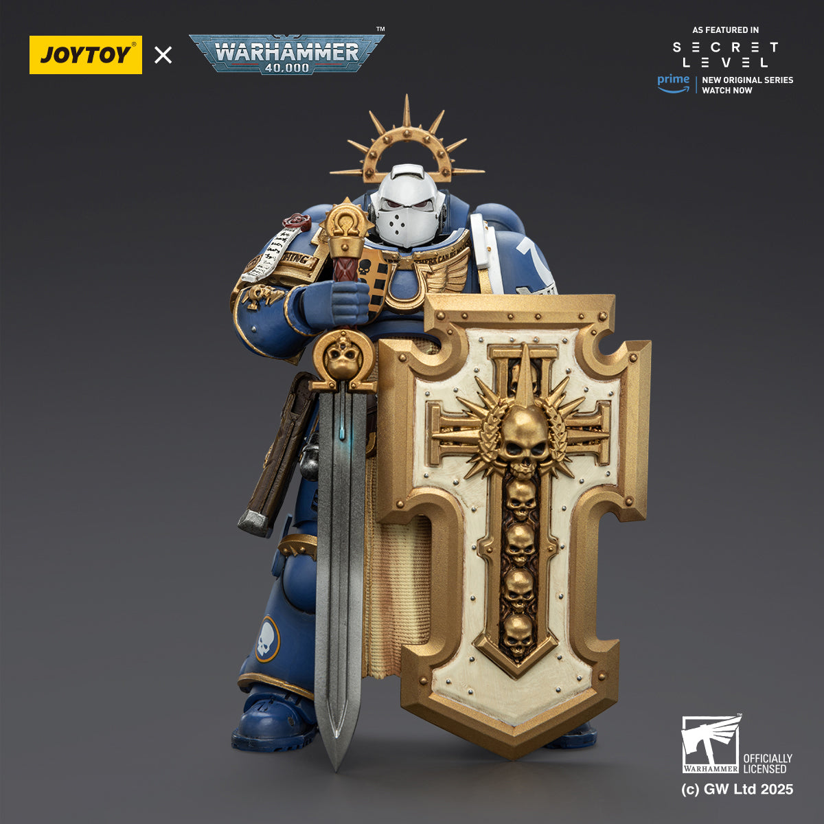 (Only Shipped to the US) JOYTOY Warhammer Ultramarines Levantus with Power Sword Stormshield and Bolt Pistol JT02793 1/18 Scale Action Figure