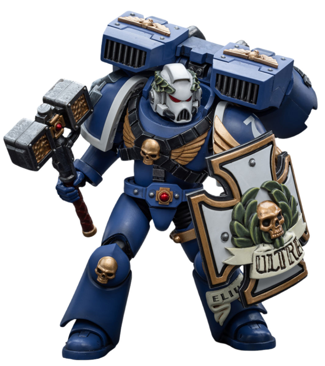 Figurine de collection JoyToy Warhammer 40K : Vétéran de l'Avant-garde Ultramarine avec marteau-tonnerre et bouclier anti-tempête, échelle 1:18 (Thunder Hammer et Storm Shield JT8032)