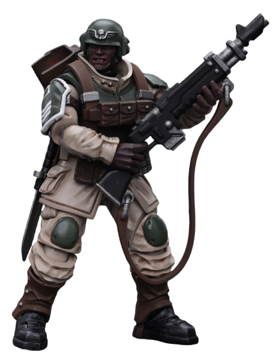 Figurine de collection JoyToy Warhammer 40K : Astra Militarum Cadian Command Squad, vétéran avec étendard régimentaire, échelle 1:18, figurines d'action JT7929