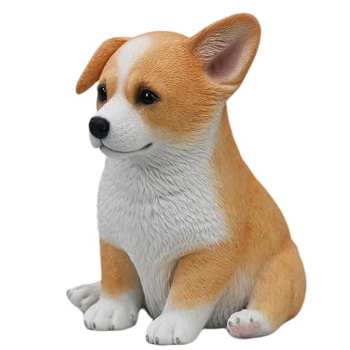 Figura de perro coleccionable JXK: Corgi galés amarillo sentado, pintado a mano por expertos, resina realista y segura, figura de animal en miniatura.