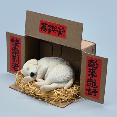 Figura de perro coleccionable JXK: Labrador en posición de dormir, pintada a mano por expertos, resina realista y segura, miniatura a escala 1:4.