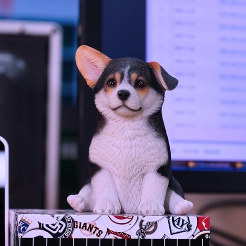 Figura de perro coleccionable JXK: Corgi galés amarillo sentado, pintado a mano por expertos, resina realista y segura, figura de animal en miniatura.