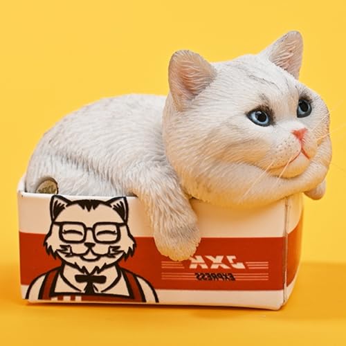 Figura de gato coleccionable pequeña JXK: El gato en la caja de entrega, pintada a mano por expertos, resina realista y segura, figura de animal en miniatura a escala 1:6