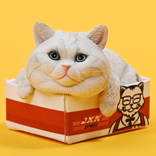 Figura de gato coleccionable pequeña JXK: El gato en la caja de entrega, pintada a mano por expertos, resina realista y segura, figura de animal en miniatura a escala 1:6