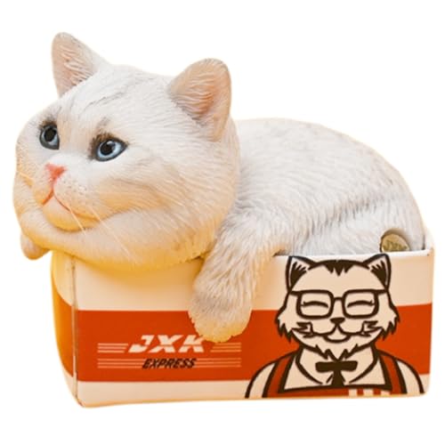 Figura de gato coleccionable pequeña JXK: El gato en la caja de entrega, pintada a mano por expertos, resina realista y segura, figura de animal en miniatura a escala 1:6