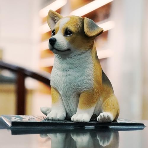 Figura de perro coleccionable JXK: Corgi galés amarillo sentado, pintado a mano por expertos, resina realista y segura, figura de animal en miniatura.