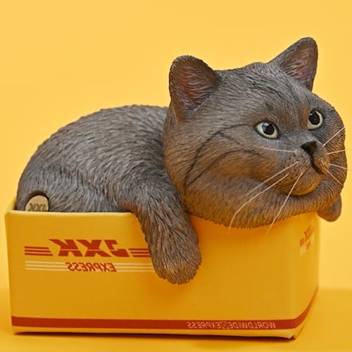 Figura de gato coleccionable pequeña JXK: El gato en la caja de entrega, pintada a mano por expertos, resina realista y segura, figura de animal en miniatura a escala 1:6