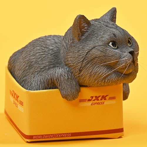 Figura de gato coleccionable pequeña JXK: El gato en la caja de entrega, pintada a mano por expertos, resina realista y segura, figura de animal en miniatura a escala 1:6