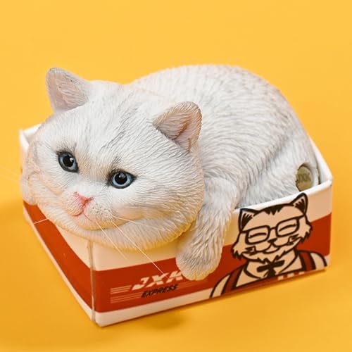 Figura de gato coleccionable pequeña JXK: El gato en la caja de entrega, pintada a mano por expertos, resina realista y segura, figura de animal en miniatura a escala 1:6