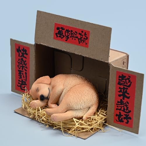 Figura de perro coleccionable JXK: Labrador en posición de dormir, pintada a mano por expertos, resina realista y segura, miniatura a escala 1:4.