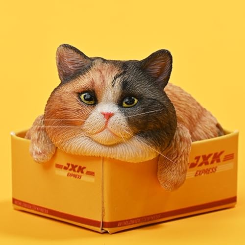 Figura de gato coleccionable pequeña JXK: El gato en la caja de entrega, pintada a mano por expertos, resina realista y segura, figura de animal en miniatura a escala 1:6