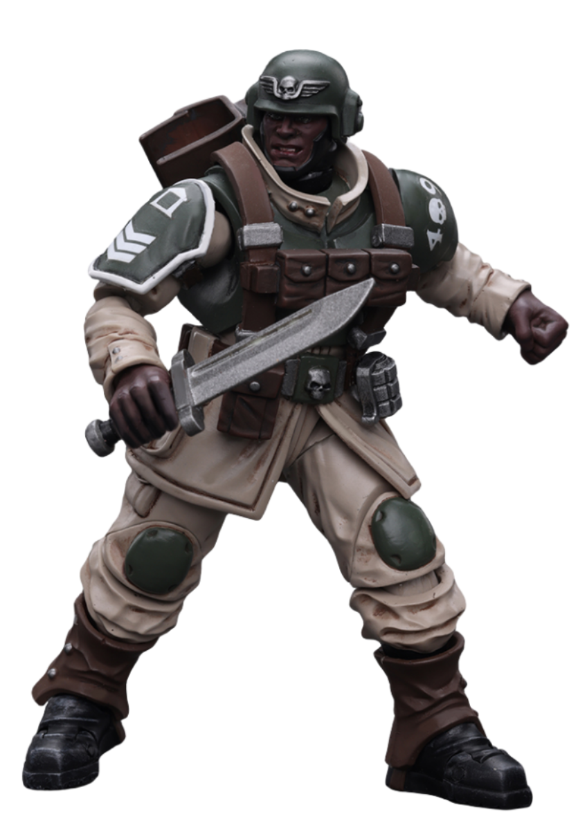 Figurine de collection JoyToy Warhammer 40K : Astra Militarum Cadian Command Squad, vétéran avec étendard régimentaire, échelle 1:18, figurines d'action JT7929