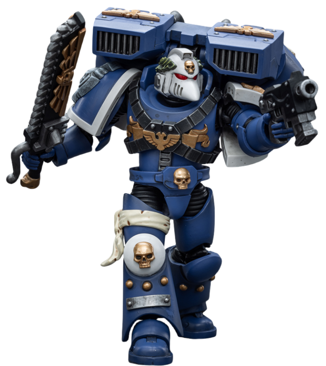 Figurine de collection JoyToy Warhammer 40K : Vétéran des Ultramarines Vanguard avec épée tronçonneuse et pistolet bolter, échelle 1:18 (épée tronçonneuse et pistolet bolter JT8025)