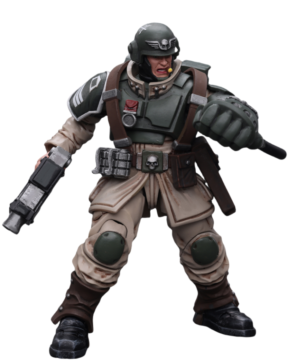 JoyToy Warhammer 40K Figurine de collection : Astra Militarum Cadian Command Squad Sergent vétéran avec Power Fist Figurines d'action à l'échelle 1/18 JT7936