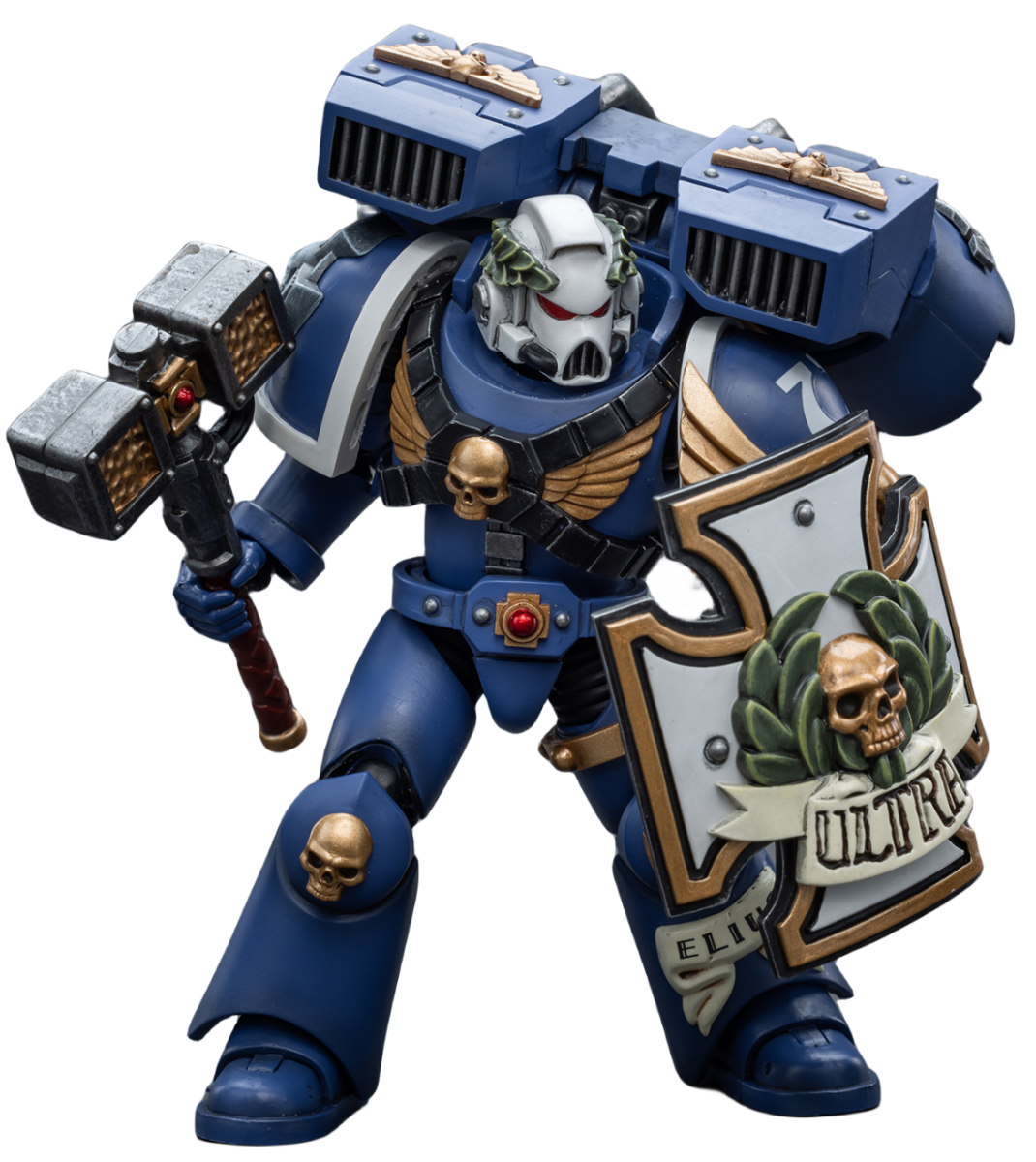 Figurine de collection JoyToy Warhammer 40K : Vétéran de l'Avant-garde Ultramarine avec marteau-tonnerre et bouclier anti-tempête, échelle 1:18 (Thunder Hammer et Storm Shield JT8032)