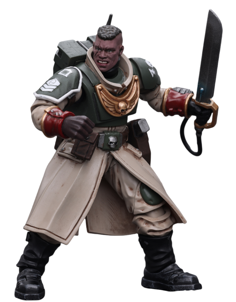 Figurine de collection JoyToy Warhammer 40K : Commandant de l'escouade de commandement Cadian Astra Militarum avec épée énergétique, figurines d'action à l'échelle 1:18 JT7905