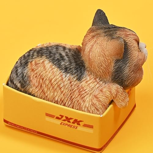 Figura de gato coleccionable pequeña JXK: El gato en la caja de entrega, pintada a mano por expertos, resina realista y segura, figura de animal en miniatura a escala 1:6