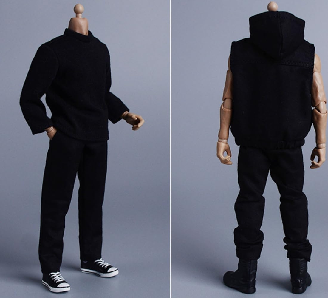 Ropa para muñecas a escala 1/12: Conjunto de sudadera con capucha sin mangas y pantalones coleccionables