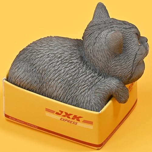 Figura de gato coleccionable pequeña JXK: El gato en la caja de entrega, pintada a mano por expertos, resina realista y segura, figura de animal en miniatura a escala 1:6