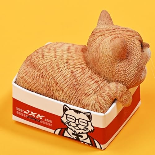 Figura de gato coleccionable pequeña JXK: El gato en la caja de entrega, pintada a mano por expertos, resina realista y segura, figura de animal en miniatura a escala 1:6