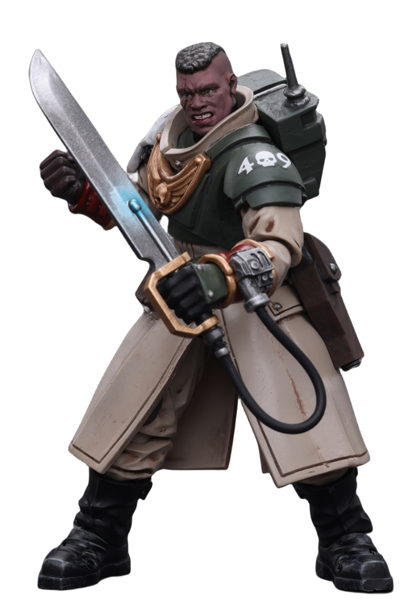 Figurine de collection JoyToy Warhammer 40K : Commandant de l'escouade de commandement Cadian Astra Militarum avec épée énergétique, figurines d'action à l'échelle 1:18 JT7905