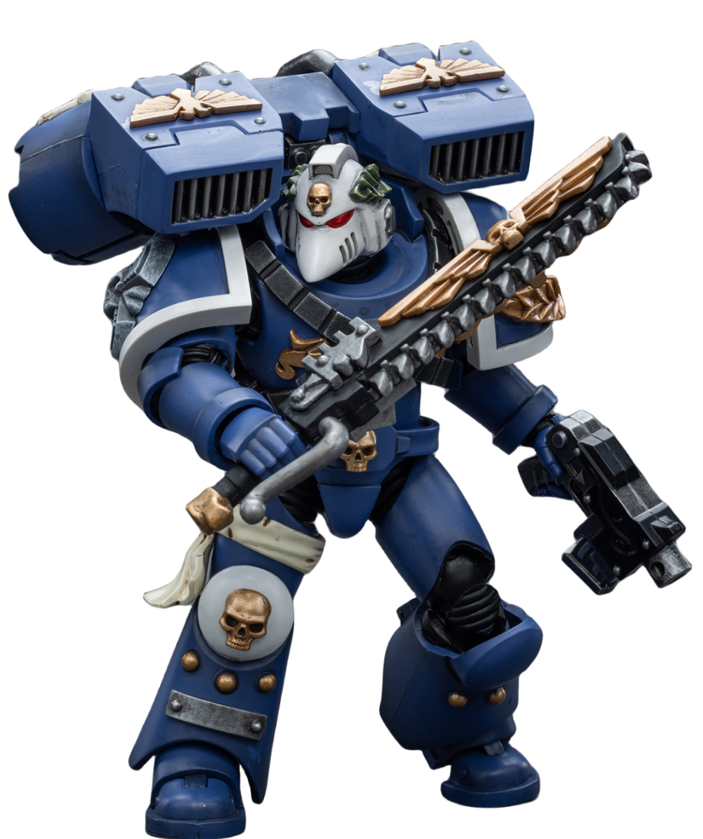 Figurine de collection JoyToy Warhammer 40K : Vétéran des Ultramarines Vanguard avec épée tronçonneuse et pistolet bolter, échelle 1:18 (épée tronçonneuse et pistolet bolter JT8025)
