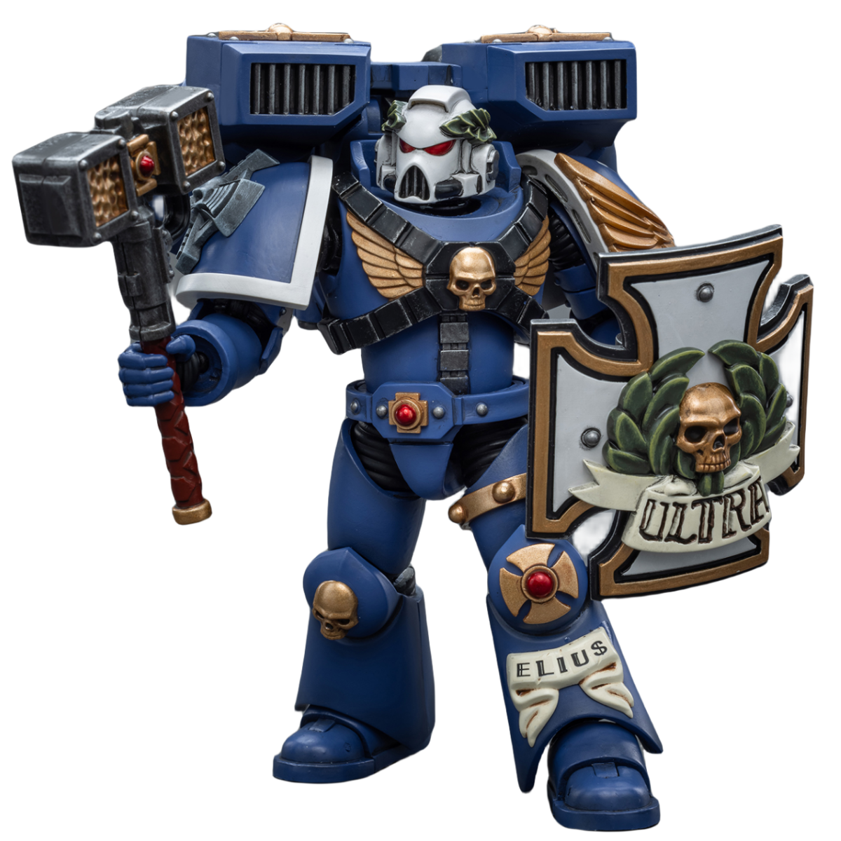 Figurine de collection JoyToy Warhammer 40K : Vétéran de l'Avant-garde Ultramarine avec marteau-tonnerre et bouclier anti-tempête, échelle 1:18 (Thunder Hammer et Storm Shield JT8032)