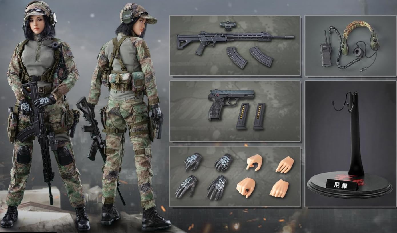 Figura coleccionable femenina FLAGSET: Tiradora de precisión, Niya, estilo militar y diseño de globo ocular móvil, miniatura a escala 1:6