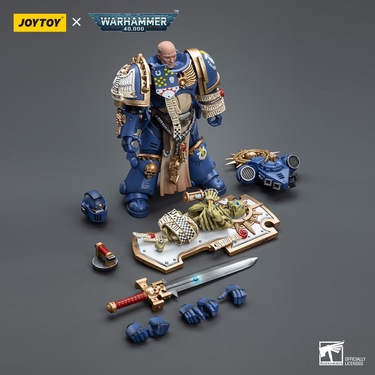 Figurine de collection JoyToy Warhammer 40K Ultramarines Primaris Captain avec bouclier relique et épée énergétique échelle 1:18