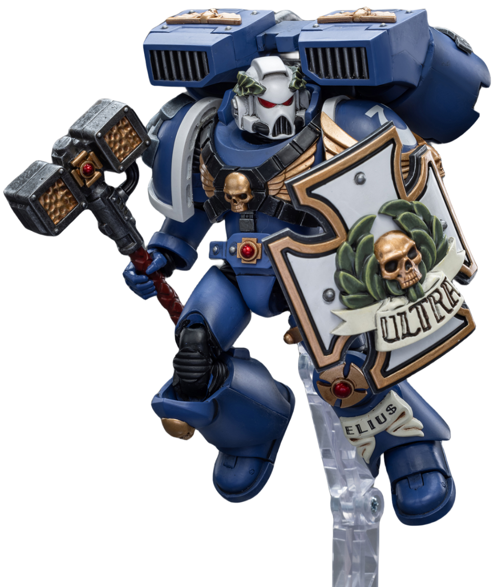 Figurine de collection JoyToy Warhammer 40K : Vétéran de l'Avant-garde Ultramarine avec marteau-tonnerre et bouclier anti-tempête, échelle 1:18 (Thunder Hammer et Storm Shield JT8032)
