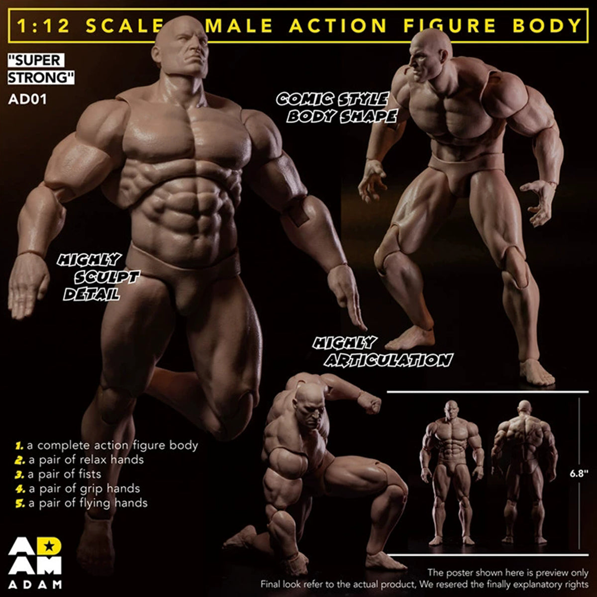 ADAM Articulated joints Male Muscular Suntan-Skined 1/12 Scale Action Figure Body