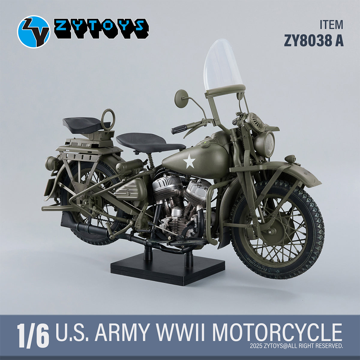 ZYTOYS 1/6 Scale ZY8038A WWII US Army Motorcycle Vehicle Model & Shoulder Bag Set ZY8038B