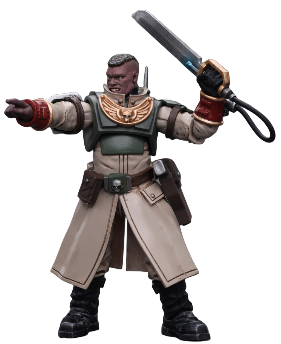 Figurine de collection JoyToy Warhammer 40K : Commandant de l'escouade de commandement Cadian Astra Militarum avec épée énergétique, figurines d'action à l'échelle 1:18 JT7905