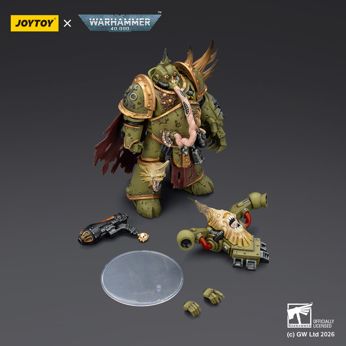 JOYTOY Warhammer 40,000 Death Guard Plague Marine with Bubotic axe and Plague Knife & Champion with Plasma Pistol and Power Fist 1/18 Scale Action Figure