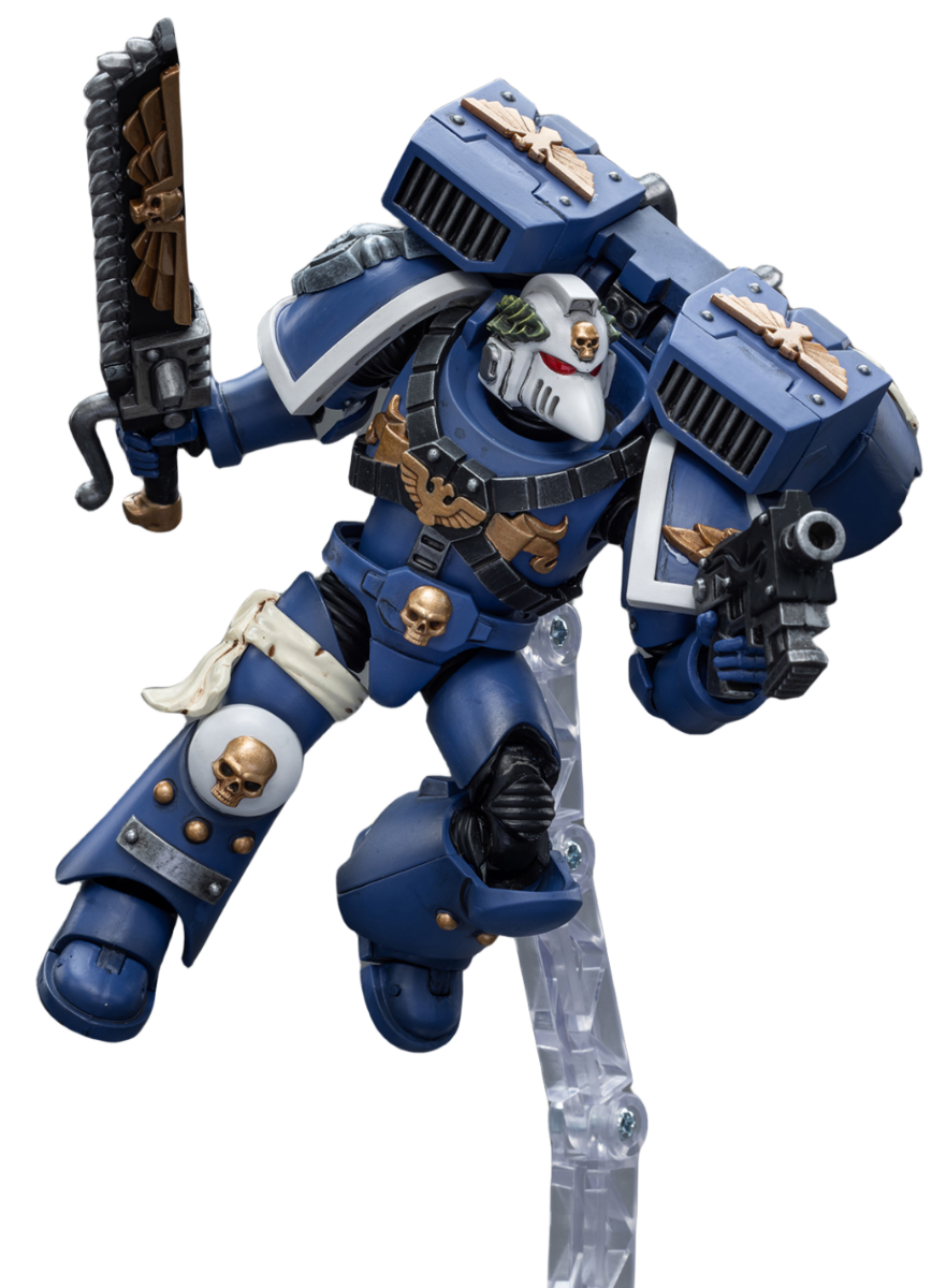 Figurine de collection JoyToy Warhammer 40K : Vétéran des Ultramarines Vanguard avec épée tronçonneuse et pistolet bolter, échelle 1:18 (épée tronçonneuse et pistolet bolter JT8025)