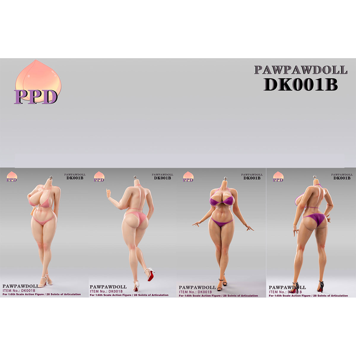 PAWPAW DOLL 1/6 Scale Buxom Female Seamless Body with Integrated Feet in DK001B Pink/Pale Skin Tone & Suntan/Tan Skin