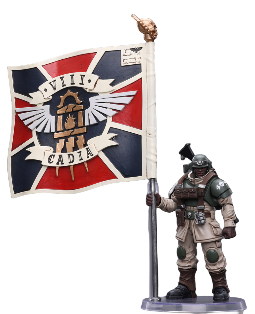 Figurine de collection JoyToy Warhammer 40K : Astra Militarum Cadian Command Squad, vétéran avec étendard régimentaire, échelle 1:18, figurines d'action JT7929