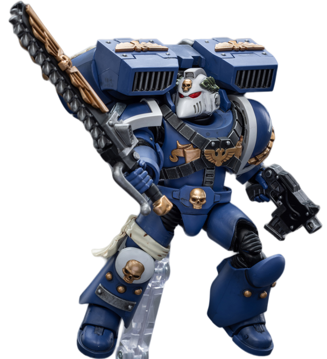 Figurine de collection JoyToy Warhammer 40K : Vétéran des Ultramarines Vanguard avec épée tronçonneuse et pistolet bolter, échelle 1:18 (épée tronçonneuse et pistolet bolter JT8025)