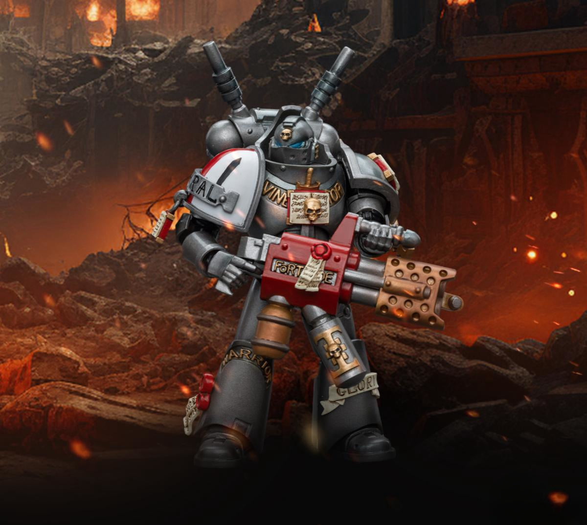 Figurine de collection JoyToy Warhammer 40K : Grey Knights Interceptor Squad Interceptor avec incinérateur, échelle 1:18, JT8971